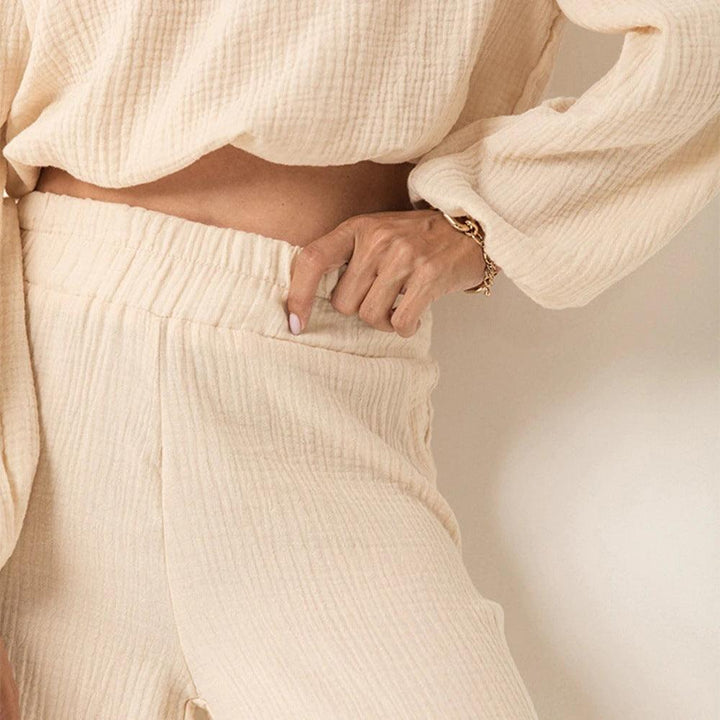 Crepe Cotton Long Sleeve Short Breathable Trousers, White Two-piece Set - Trendha