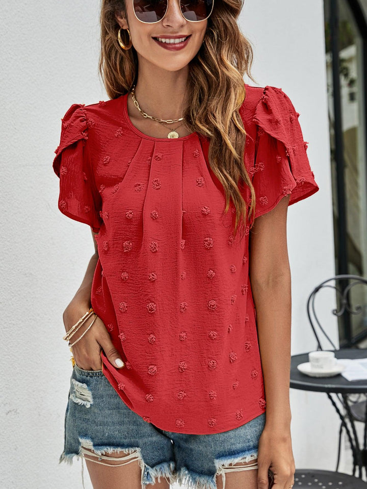 Crew Neck Casual Tulip Sleeve T-shirt Jacquard Top For Women - Trendha