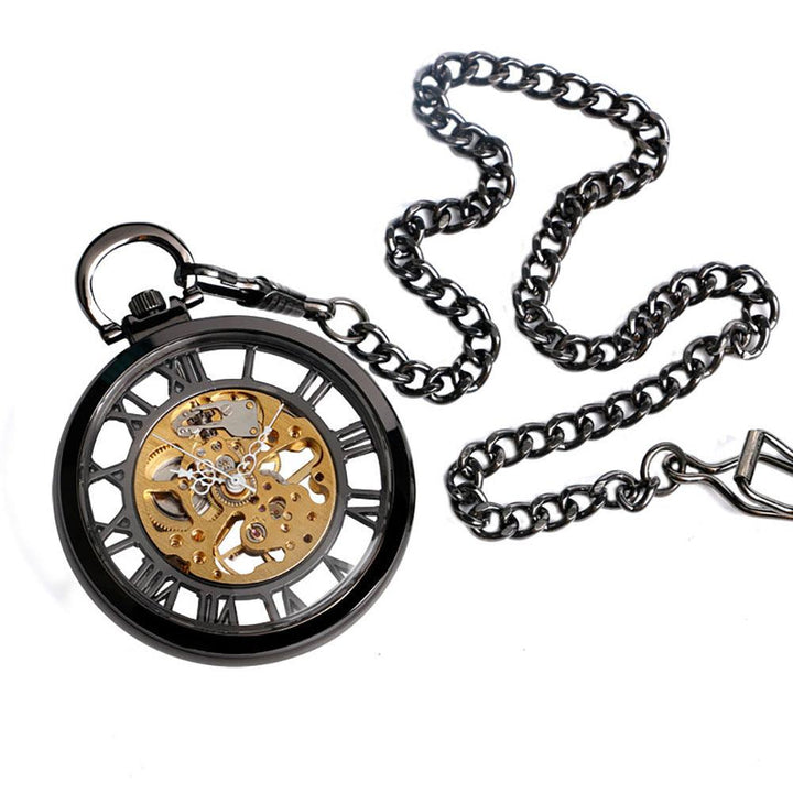 Double-sided Transparent Cutout Design Straight Plate Without Cover Roman Literal Mechanical Pocket Watch - Trendha