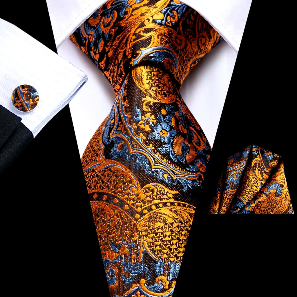 Floral Tie & Pocket Square - Black/Gold