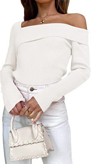 European And American Autumn Leisure Long-sleeved Slim Off-shoulder Knitted Sweater Pullover Top - Trendha