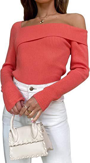 European And American Autumn Leisure Long-sleeved Slim Off-shoulder Knitted Sweater Pullover Top - Trendha