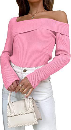 European And American Autumn Leisure Long-sleeved Slim Off-shoulder Knitted Sweater Pullover Top - Trendha