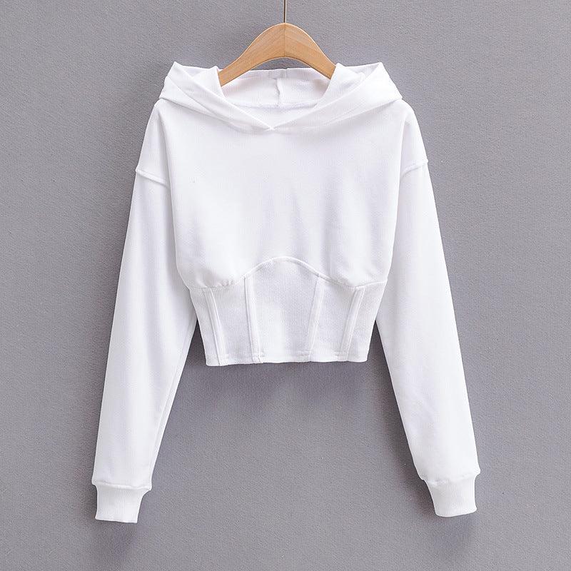 European And American Slim Fitting Navel Solid Hooded Sweater
