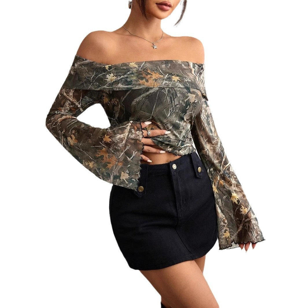 Mesh Printed Off-shoulder Long Sleeved Fitted T-shirt Top