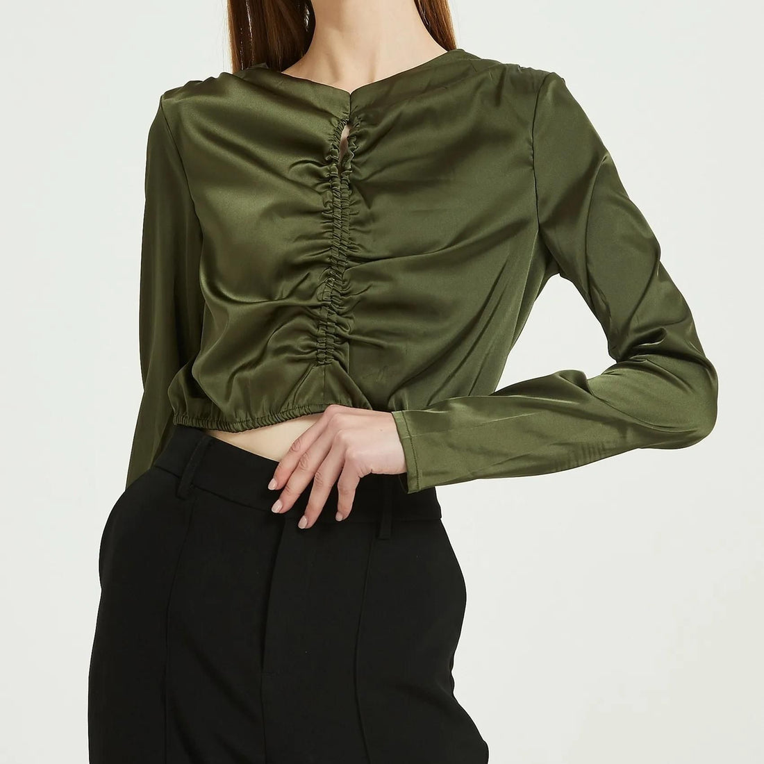 Elegant Green Synthetic Satin Long Sleeve Blouse