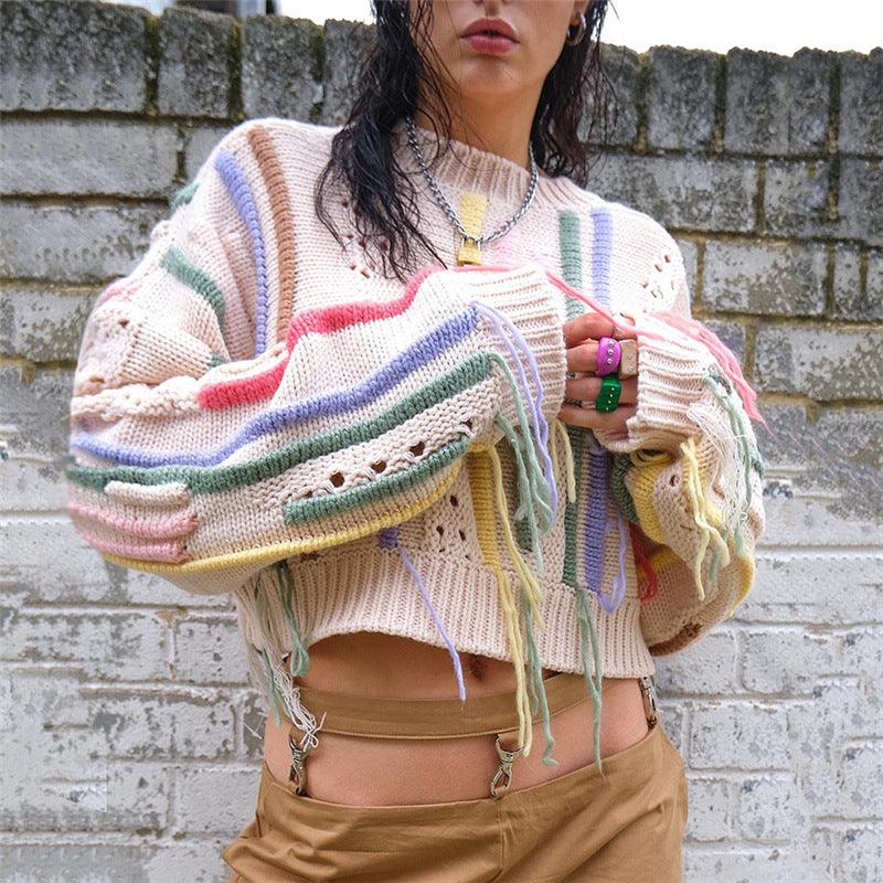 Fashion Knitted Patchwork Color Net Red Tassel Casual Short Sweater - Trendha