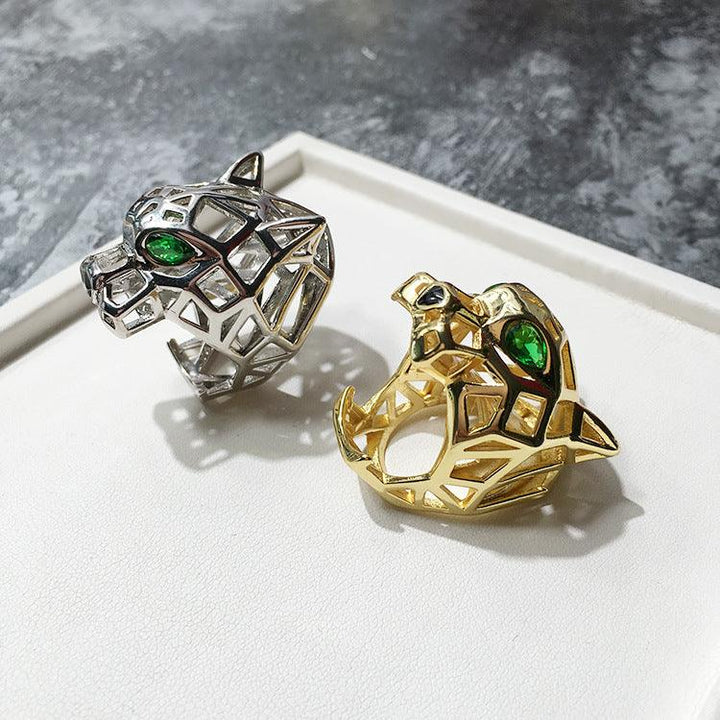 Fashionable Personality Charm Cool Hollow Green Eye Tiger And Leopard Head Ring - Trendha