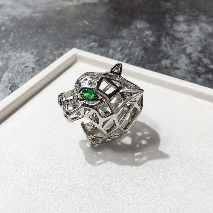 Fashionable Personality Charm Cool Hollow Green Eye Tiger And Leopard Head Ring - Trendha