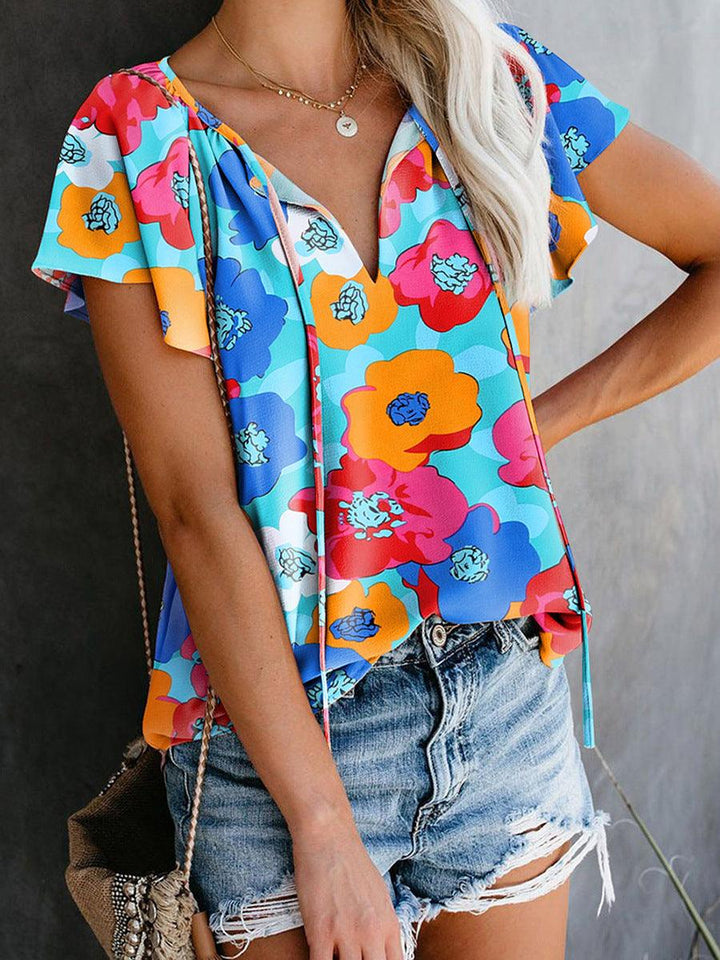 Floral Print Drawstring V-neck Short Sleeve - Trendha