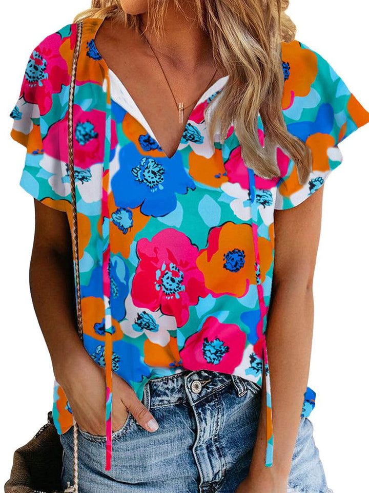 Floral Print Drawstring V-neck Short Sleeve - Trendha