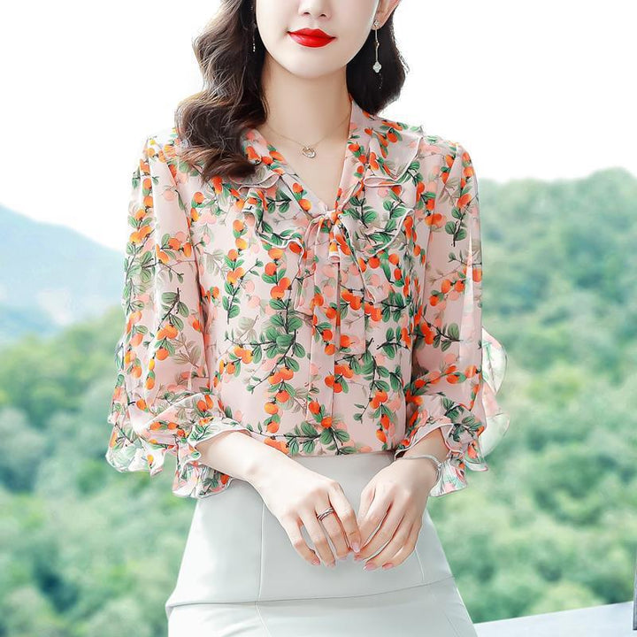 Fragmented Chiffon Shirt With Stylish And Stylish V-neck Straps - Trendha