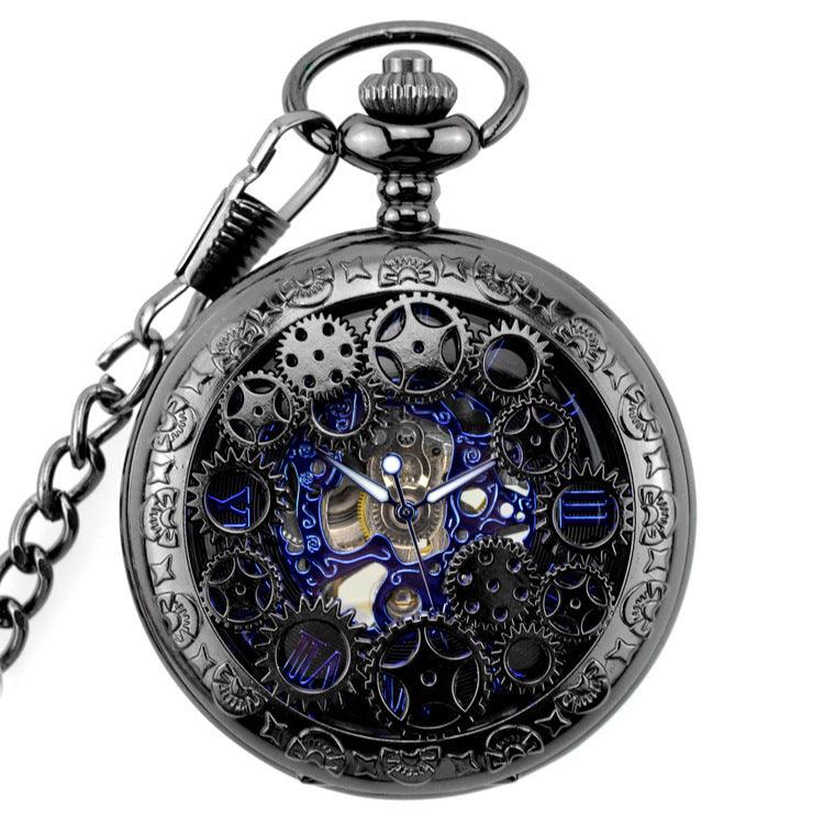 Gear Gun Black Mechanical Pocket Watch Vintage Flip Denim Chain Hollow Pocket Watch Men's And Ladies' Watches - Trendha