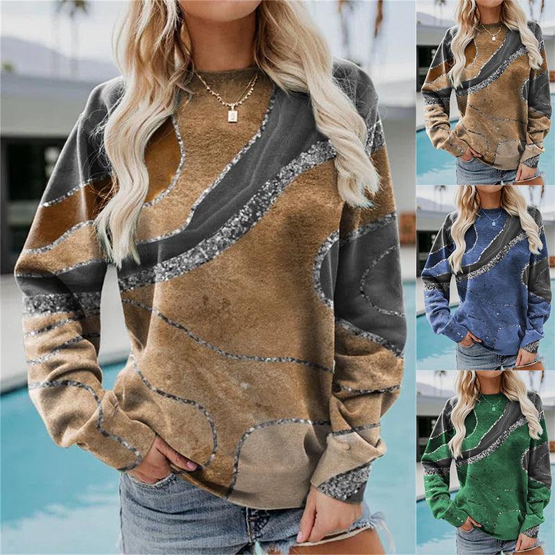 Geometric Loose Print Long Sleeve Crew Neck Sweater - Trendha