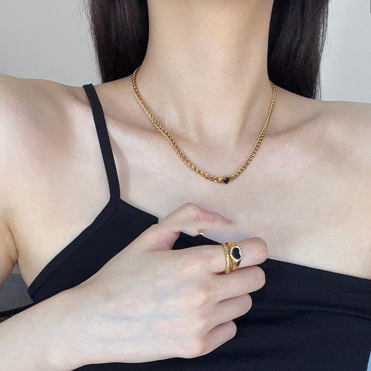 Gold Plated Black Love Thin Chain Collarbone Necklace - Trendha