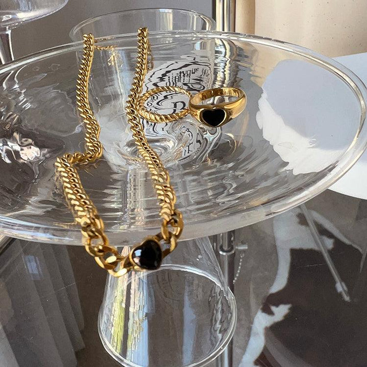 Gold Plated Black Love Thin Chain Collarbone Necklace - Trendha