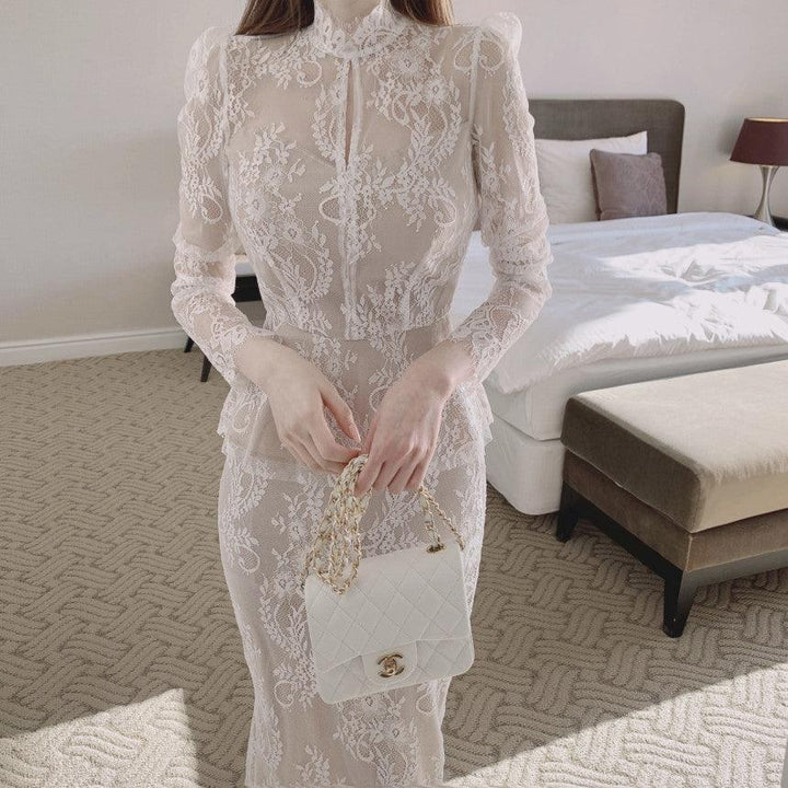 Graceful Stand Collar Hollow Lace Crocheted Design Shirt Ruffled Fishtail Hip Skirt - Trendha