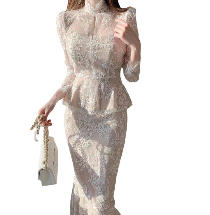Graceful Stand Collar Hollow Lace Crocheted Design Shirt Ruffled Fishtail Hip Skirt - Trendha