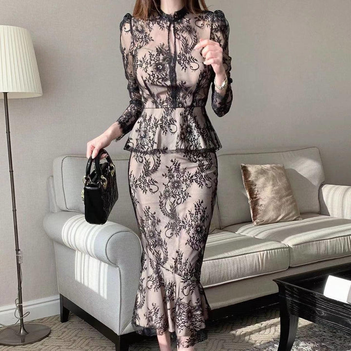 Graceful Stand Collar Hollow Lace Crocheted Design Shirt Ruffled Fishtail Hip Skirt - Trendha