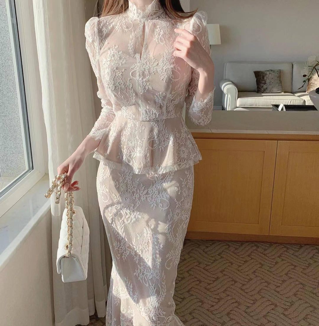 Graceful Stand Collar Hollow Lace Crocheted Design Shirt Ruffled Fishtail Hip Skirt - Trendha