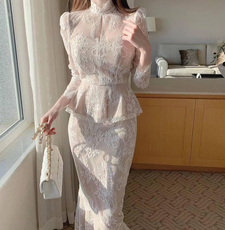 Graceful Stand Collar Hollow Lace Crocheted Design Shirt Ruffled Fishtail Hip Skirt - Trendha