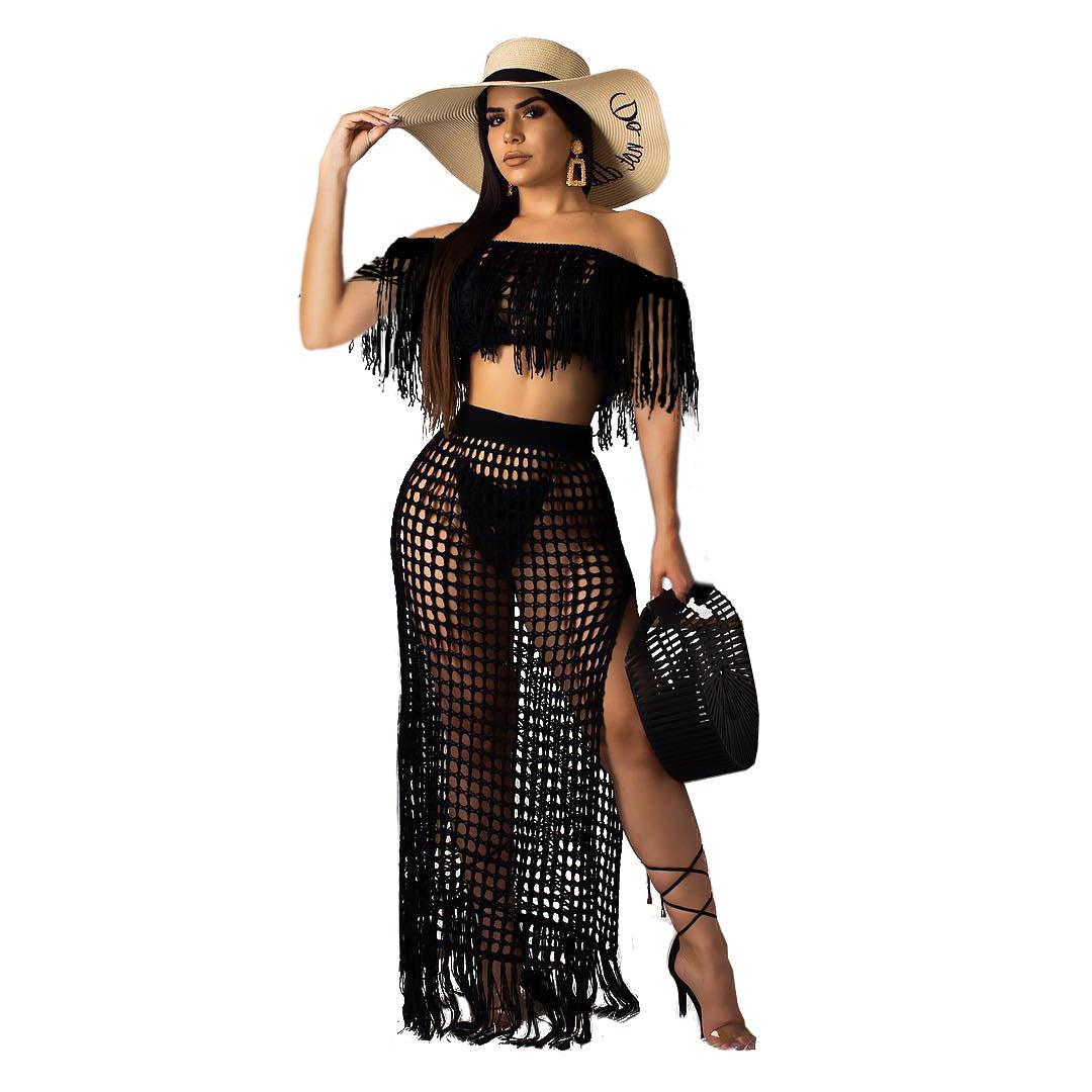 Hollow-out Handmade Tassel Off-shoulder Beach Skirt Suit - Trendha