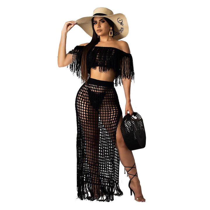 Hollow-out Handmade Tassel Off-shoulder Beach Skirt Suit - Trendha