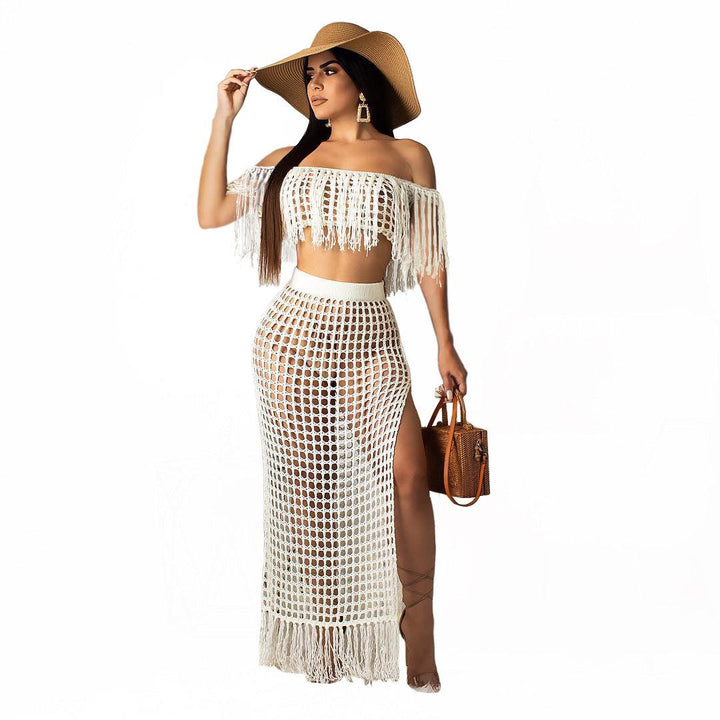 Hollow-out Handmade Tassel Off-shoulder Beach Skirt Suit - Trendha