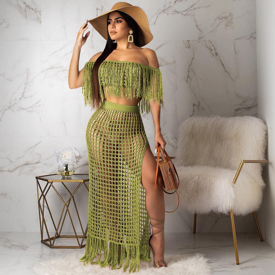Hollow-out Handmade Tassel Off-shoulder Beach Skirt Suit - Trendha