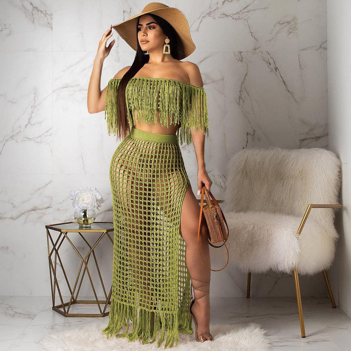 Hollow-out Handmade Tassel Off-shoulder Beach Skirt Suit - Trendha