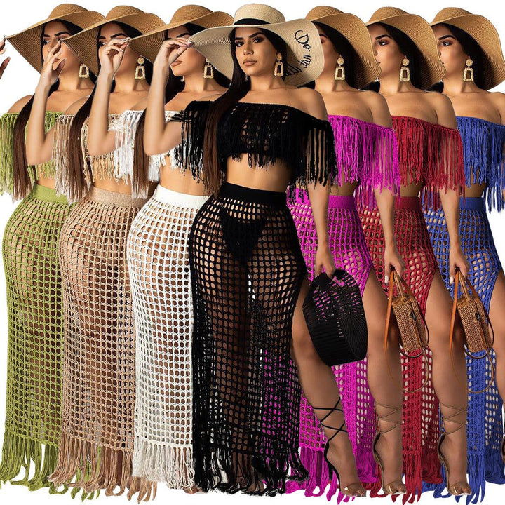 Hollow-out Handmade Tassel Off-shoulder Beach Skirt Suit - Trendha
