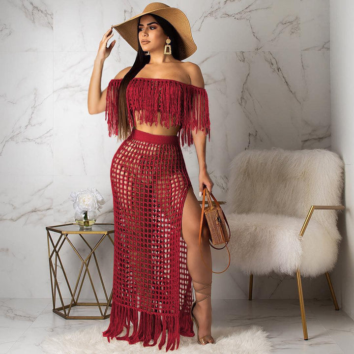 Hollow-out Handmade Tassel Off-shoulder Beach Skirt Suit - Trendha