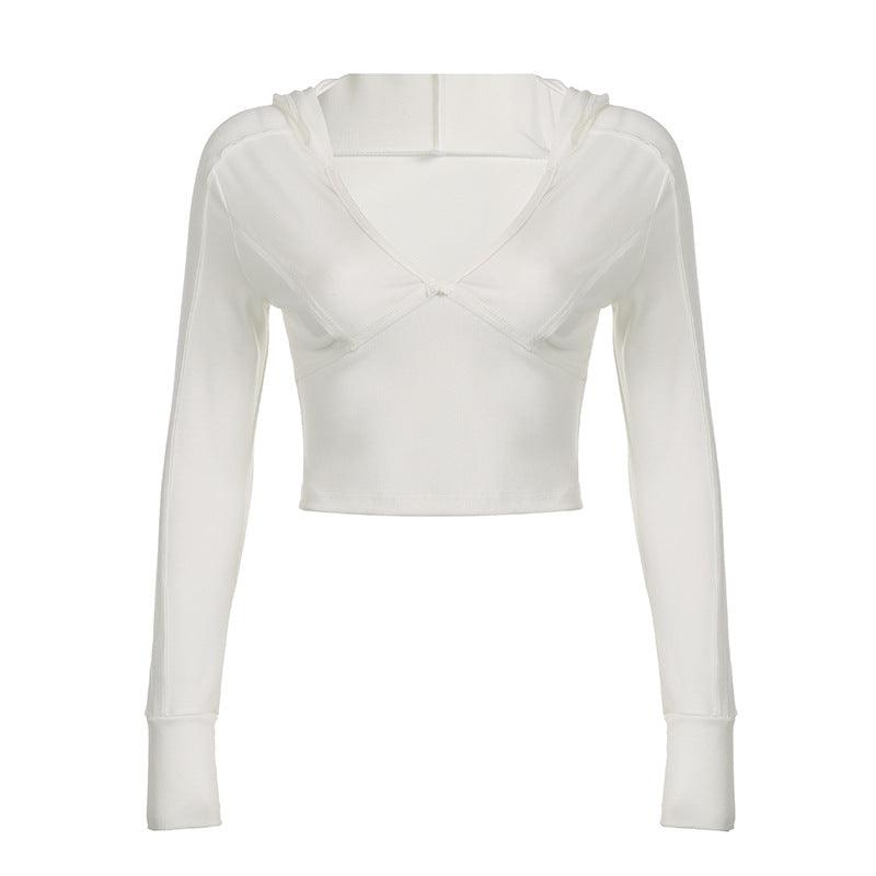 Hooded Low-cut V-neck Thin Slim-fit Base Top With A Slimming Temperament, Short Car And Long Sleeves - Trendha