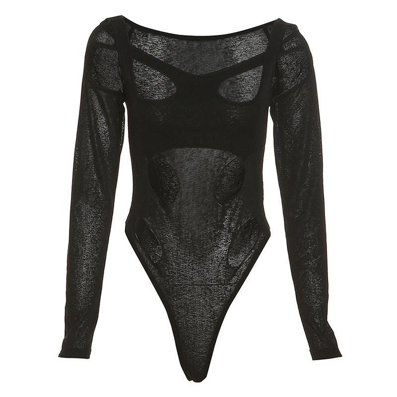 Irregular Square Collar Long-sleeved High-waist Jumpsuit With Hollow Holes - Trendha