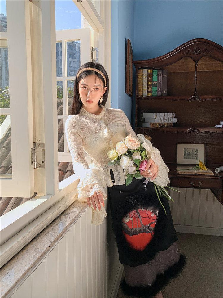 Lace Fabric Patchwork Large Hem Ruffled Sleeve Shirt - Trendha