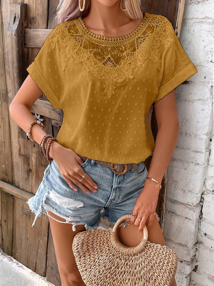 Lace Ruffled Short Sleeves T-shirt Loose All-matching Top - Trendha