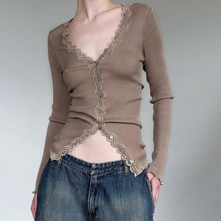 Lace Spliced Ribbed Slim Long Sleeve T-shirt - Trendha