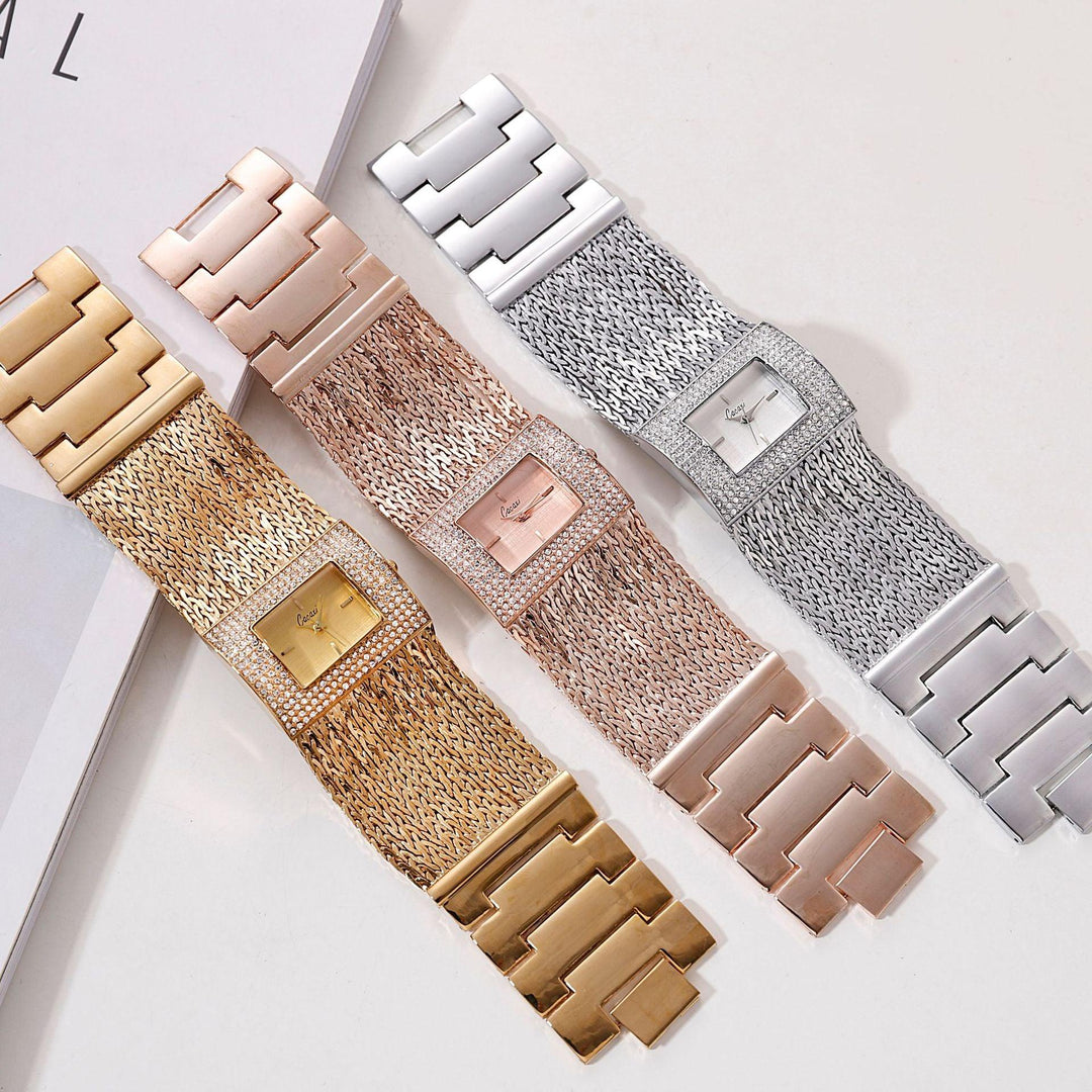 Ladies Gold Quartz Square Chain Rhinestone Watch - Trendha