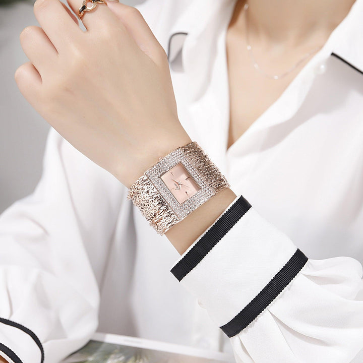 Ladies Gold Quartz Square Chain Rhinestone Watch - Trendha