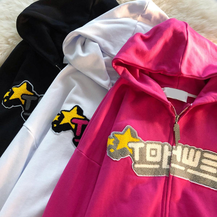 Letter Embroidery Hoodies Women High Set Loose Flocking Sweater - Trendha