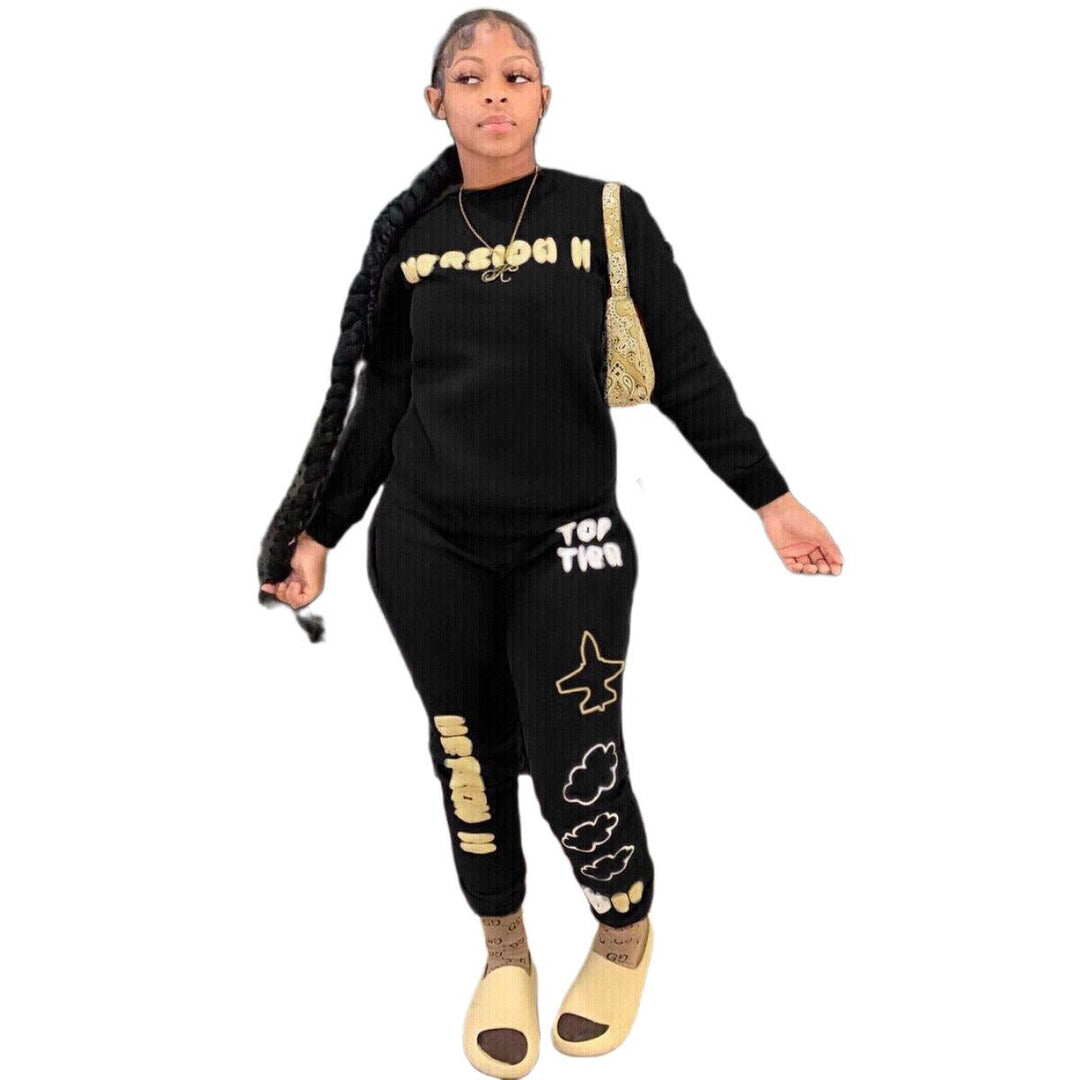 Lettered Casual Sports Home Women's Top Two-piece Pants - Trendha