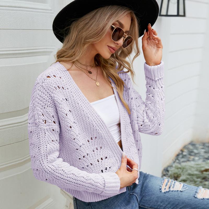 Long Sleeves Outer Match Knitwear Solid Color Hollow Out Sweater Cardigan - Trendha