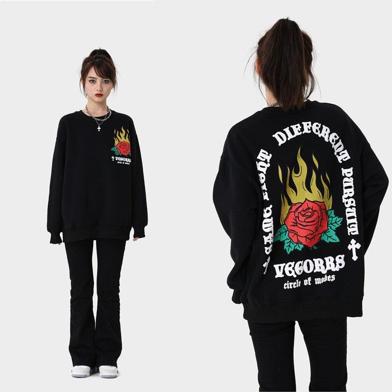 Loose Round Neck Flame Rose Print Plus Fleece Thickened Sweatshirt