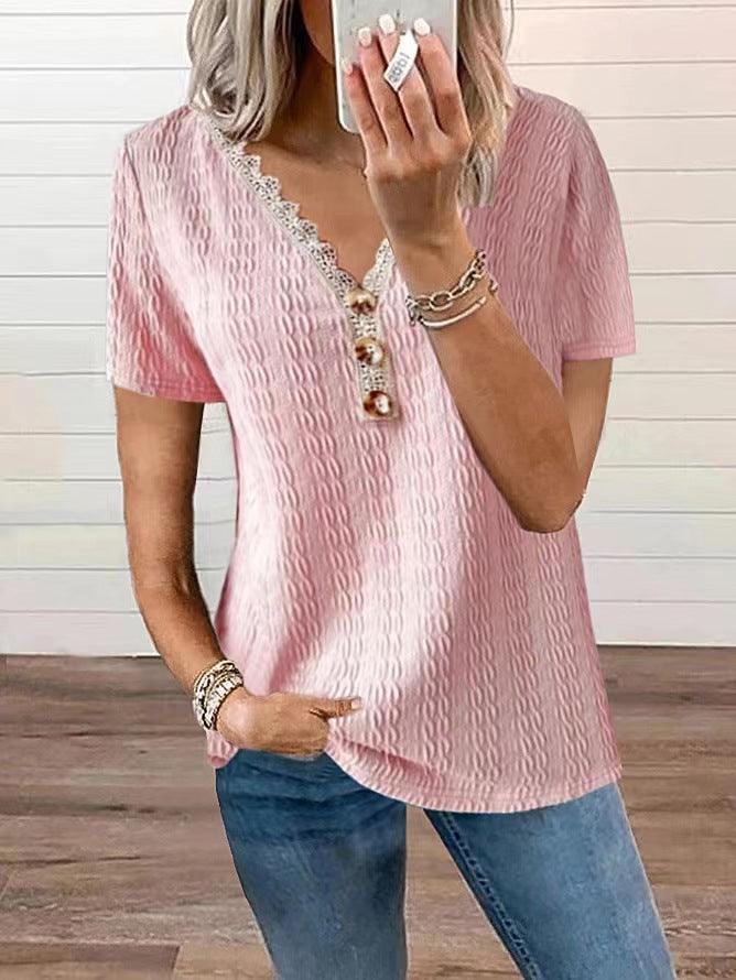 Loose V-neck Casual Lace Button Short Sleeve T-shirt Top - Trendha
