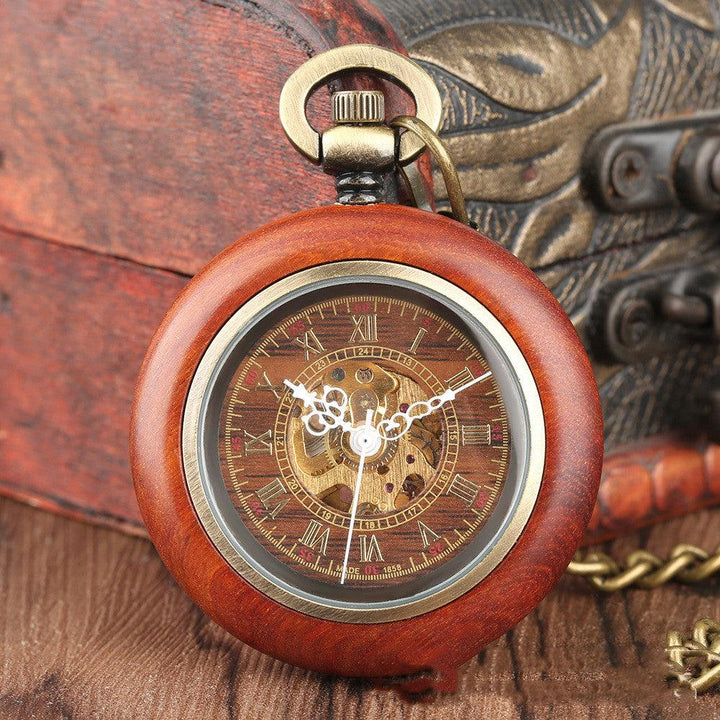 Mahogany Texture Dial Golden Roman Literal Automatic Mechanical Wooden Pocket Watch - Trendha