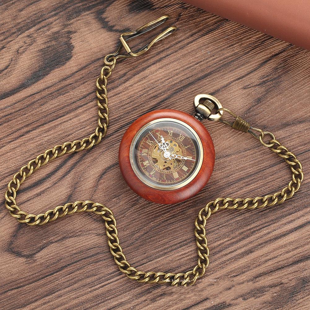 Mahogany Texture Dial Golden Roman Literal Automatic Mechanical Wooden Pocket Watch - Trendha