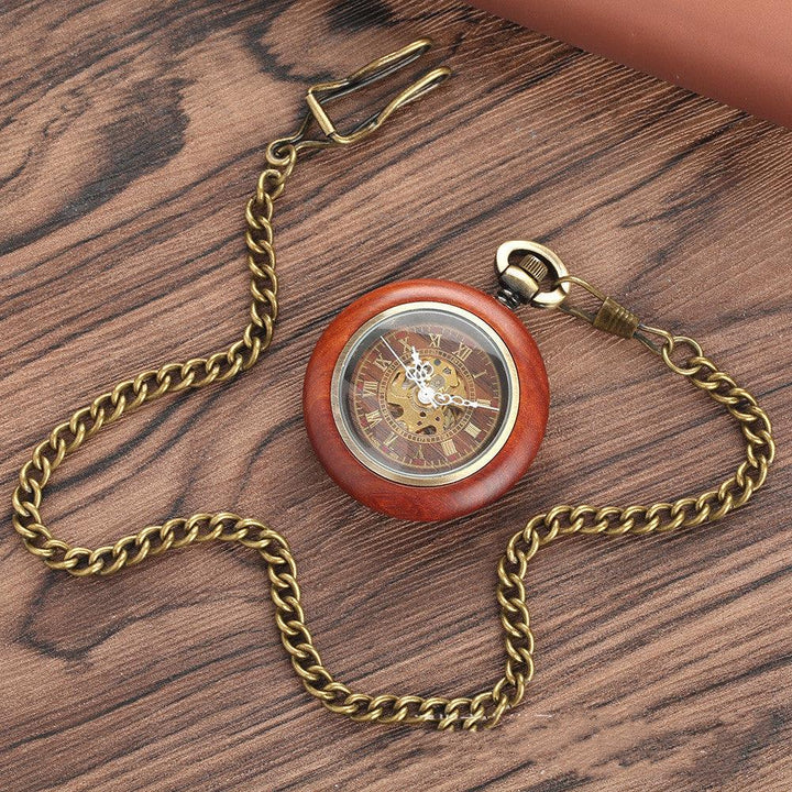 Mahogany Texture Dial Golden Roman Literal Automatic Mechanical Wooden Pocket Watch - Trendha