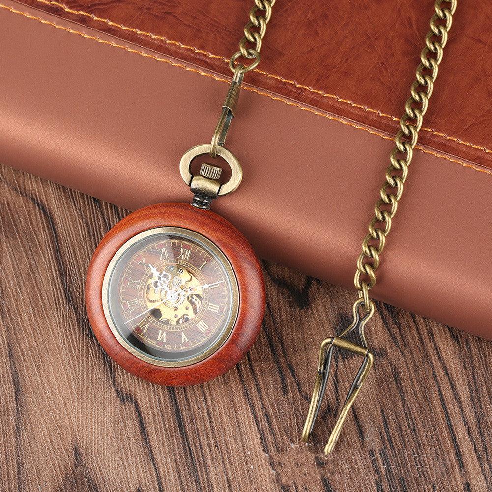 Mahogany Texture Dial Golden Roman Literal Automatic Mechanical Wooden Pocket Watch - Trendha