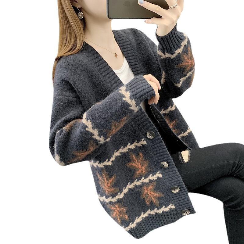 Maple Leaf Jacquard Knitted Cardigan Women's Loose Sweater - Trendha