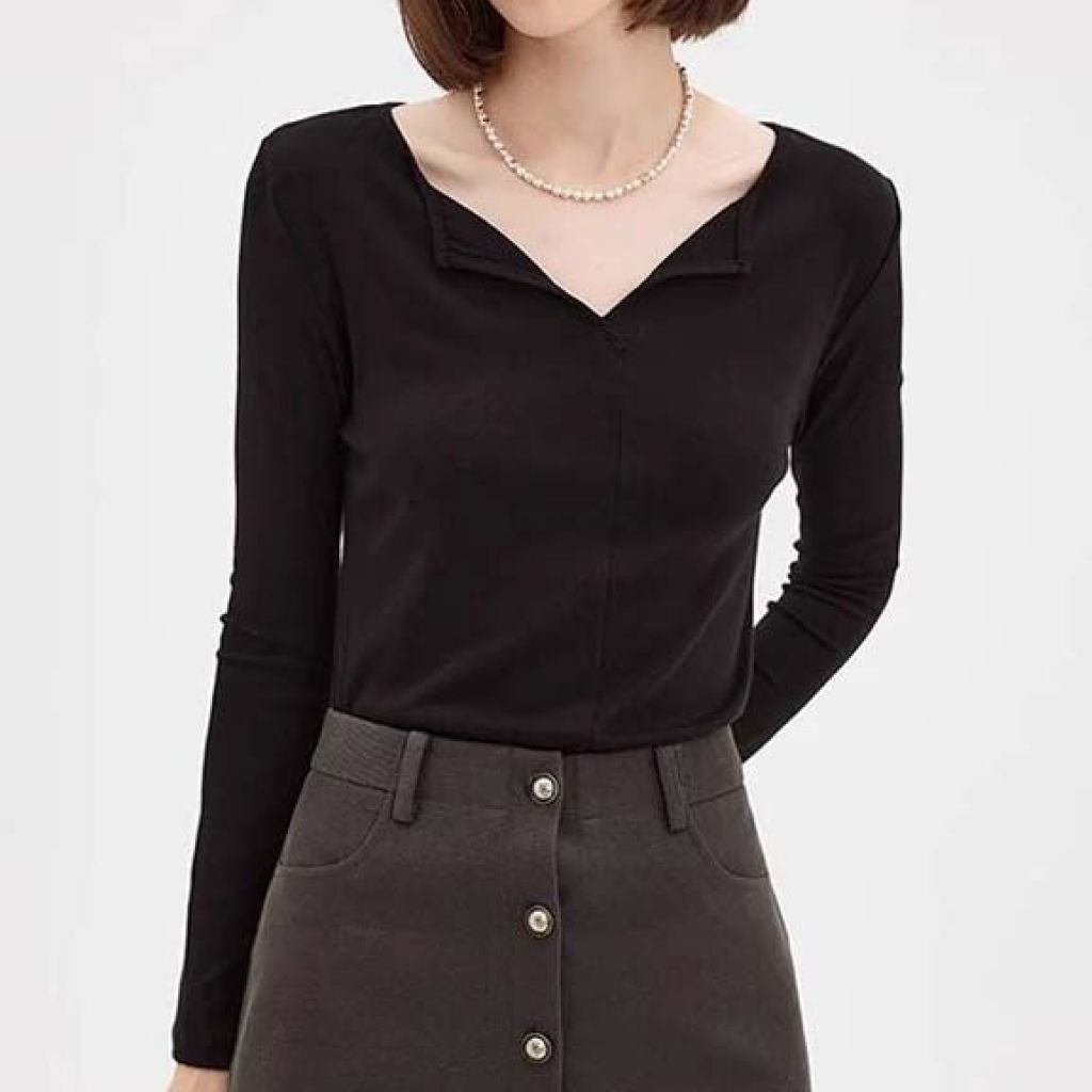 Elegant Split-Neck Long Sleeve Tee